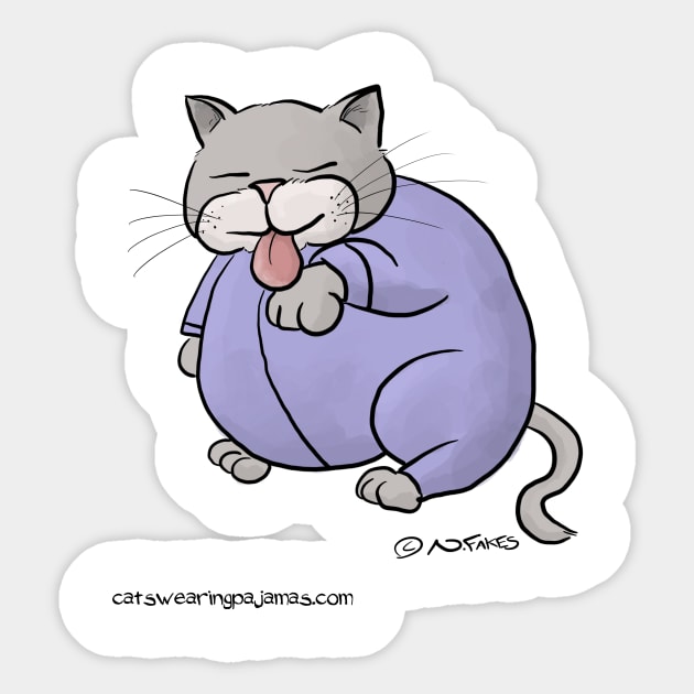 Cat in Purple Pajamas Licking Its Paws Sticker by cartoonistnate